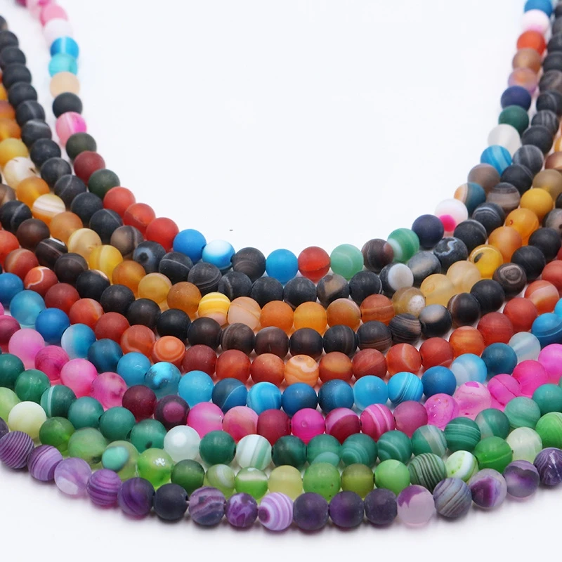 4mm 6mm 8mm 10mm 12mm Natural Matte Frosted Agate Stripe Agates Stone Beads Round Loose Agates Beads For Jewelry Making