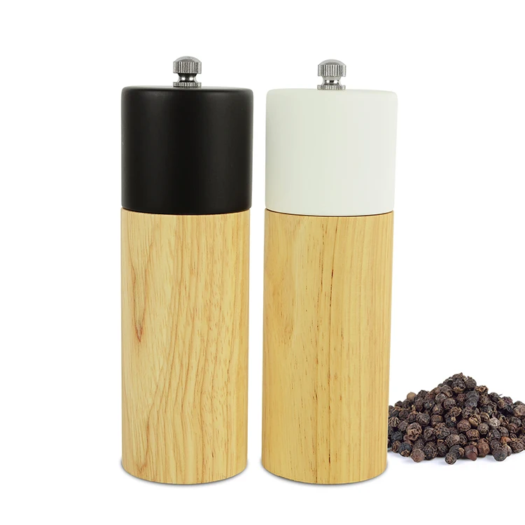 Beech black and white optional cylindrical wood pepper grinder with adjustable thickness
