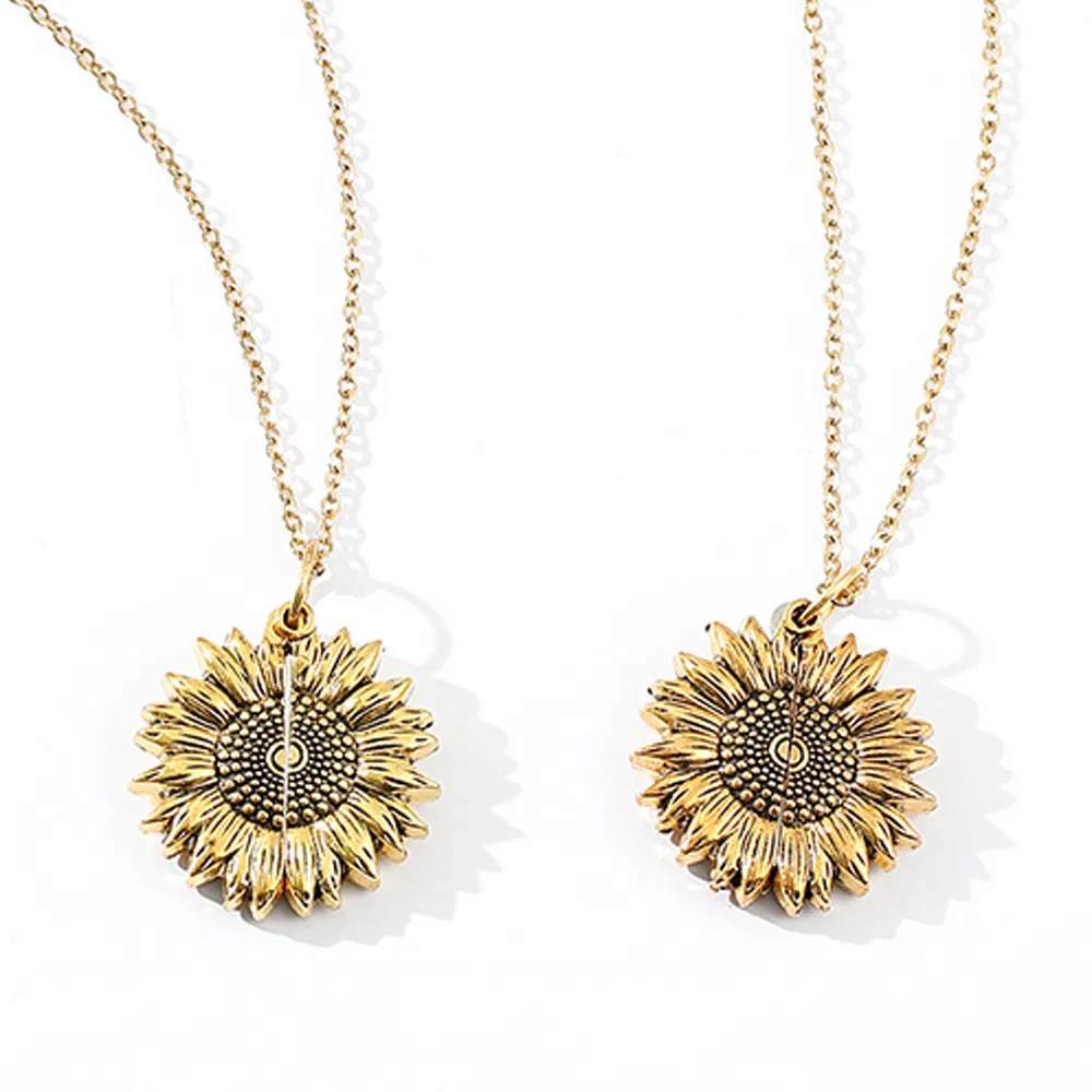 Fashion Vintage Laser Engraving Sunflower Locket  Necklace Dainty Stainless Steel Laser Engraving Necklace Loket Couple Necklace