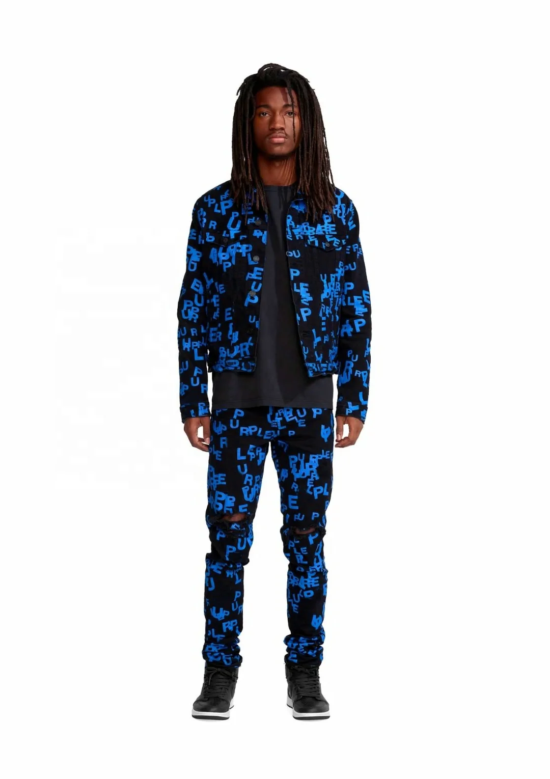 KY Fashion Front Pocket Jacket Digital Printed Fabrics Jeans Skinny Custom Buttons Jeans Jacket Set