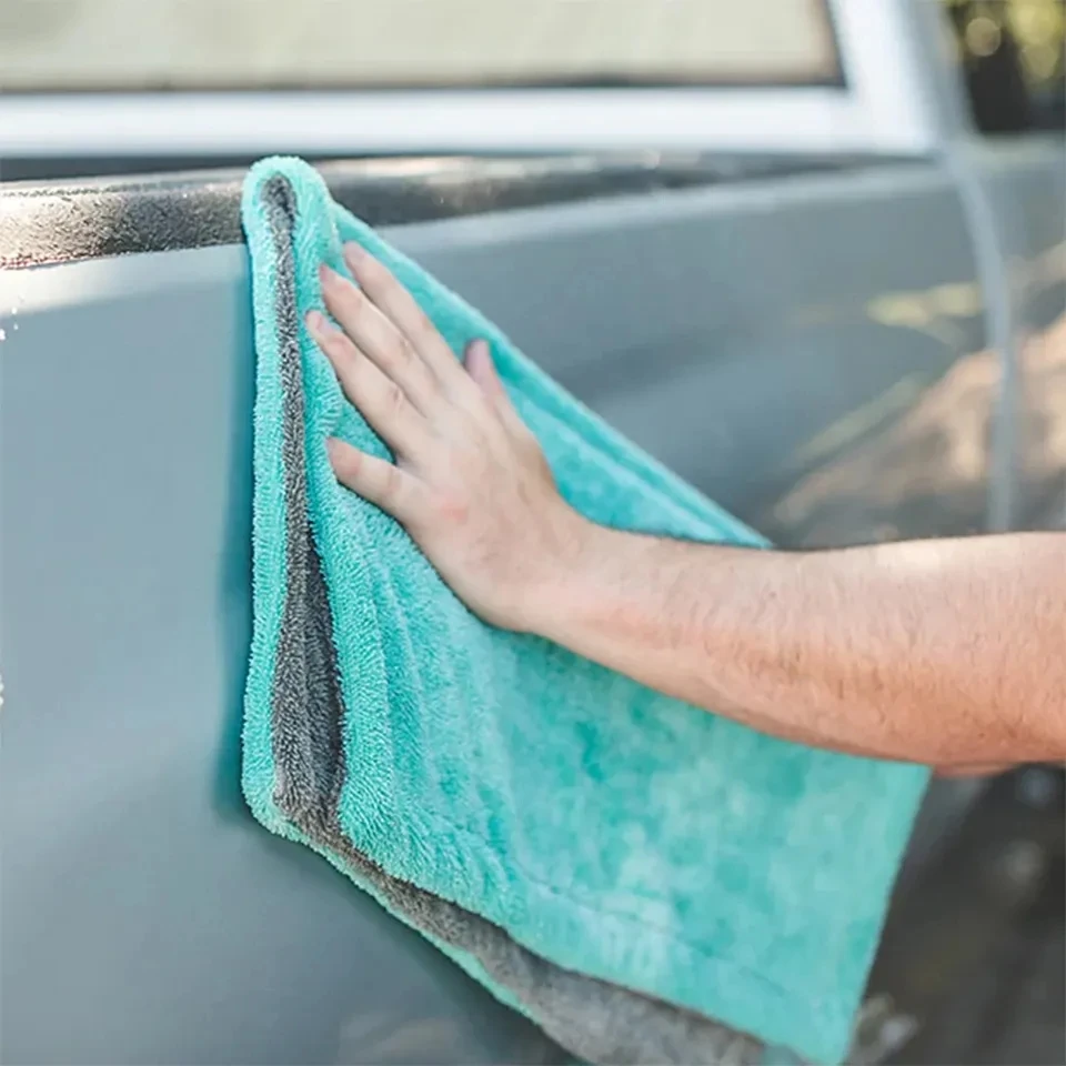 Microfiber Drying Towel for Cars, Trucks, SUVs, Safe for Detailing + Scratch Free, Twist Loop, 1100gsm, 16in x 16in, Blue/Gray