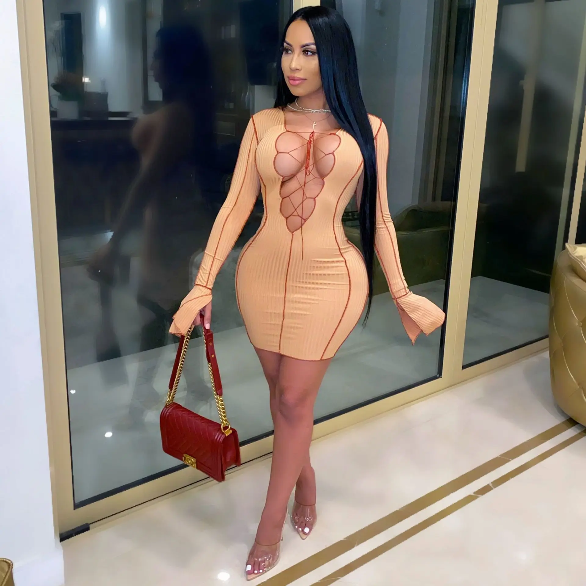 
9403 Wholesale 2021 new trend beautiful girl bodycon crew neck hollow out hot night long pleated sleeves drawstring dress 