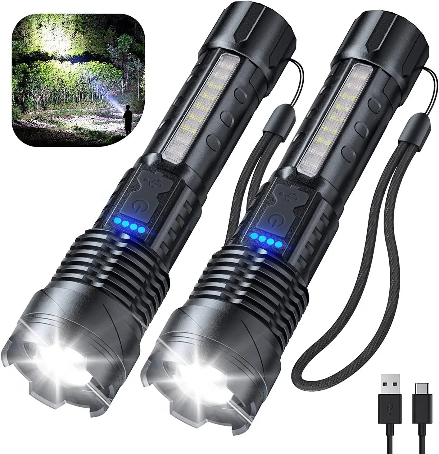 High Power Zoomable Flashlight 1000 Lumens Rechargeable Hand Torch with Side LED Work Lights