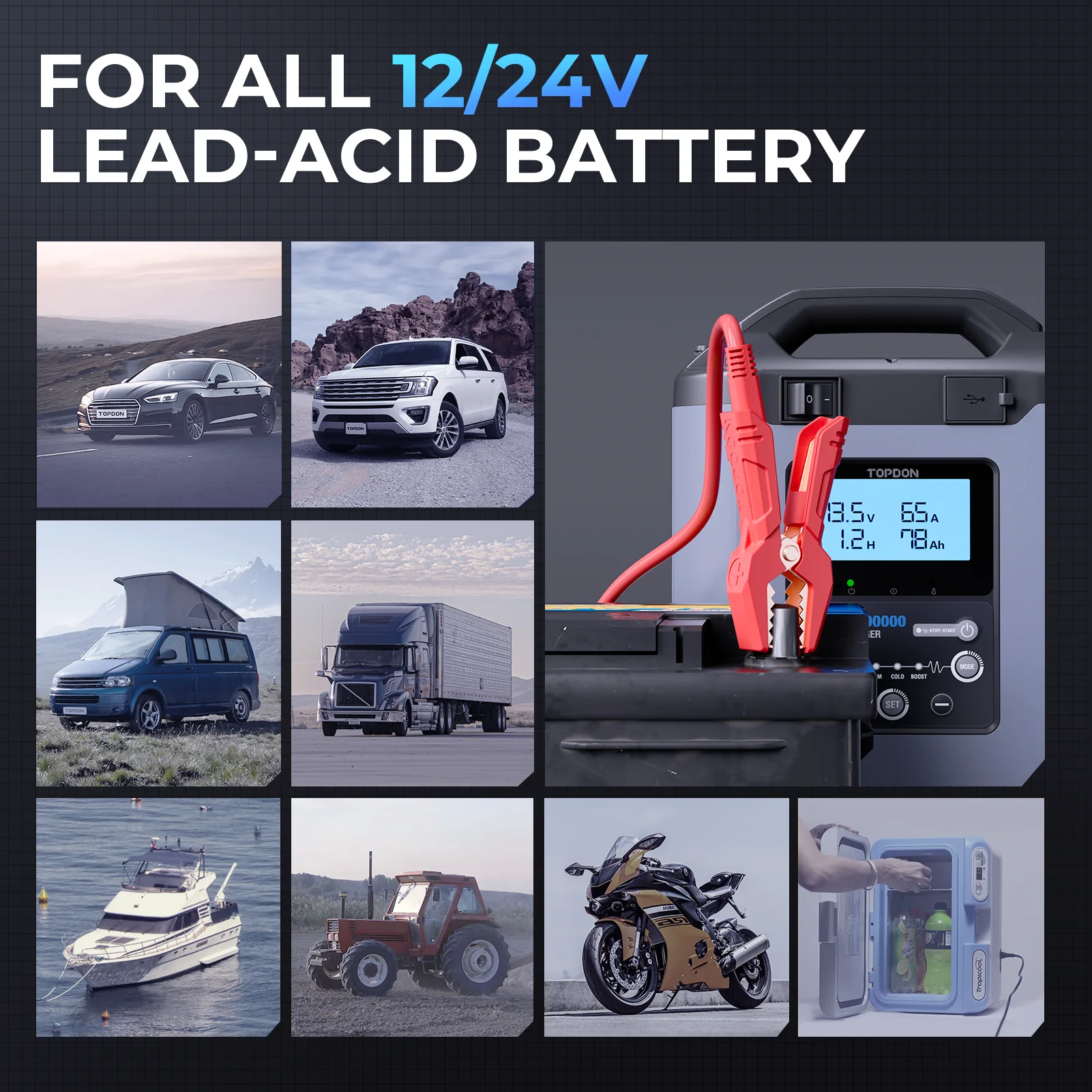 TOPDON Tornado90000 Diy Super Car Battery Charger 12V 24V Automatic Car Battery Charger Lead-Acid Agm Gel Lithium 60A 90A