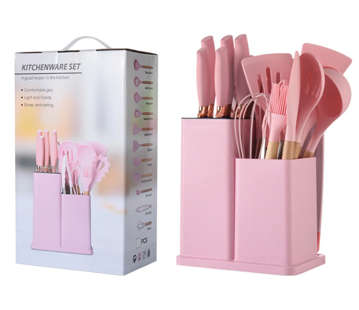 Newest 19-piece Set of Silicone Kitchen Utensil Set With Wooden Handle Cuttings Board Storage Bucket Kitchen Utensil Set