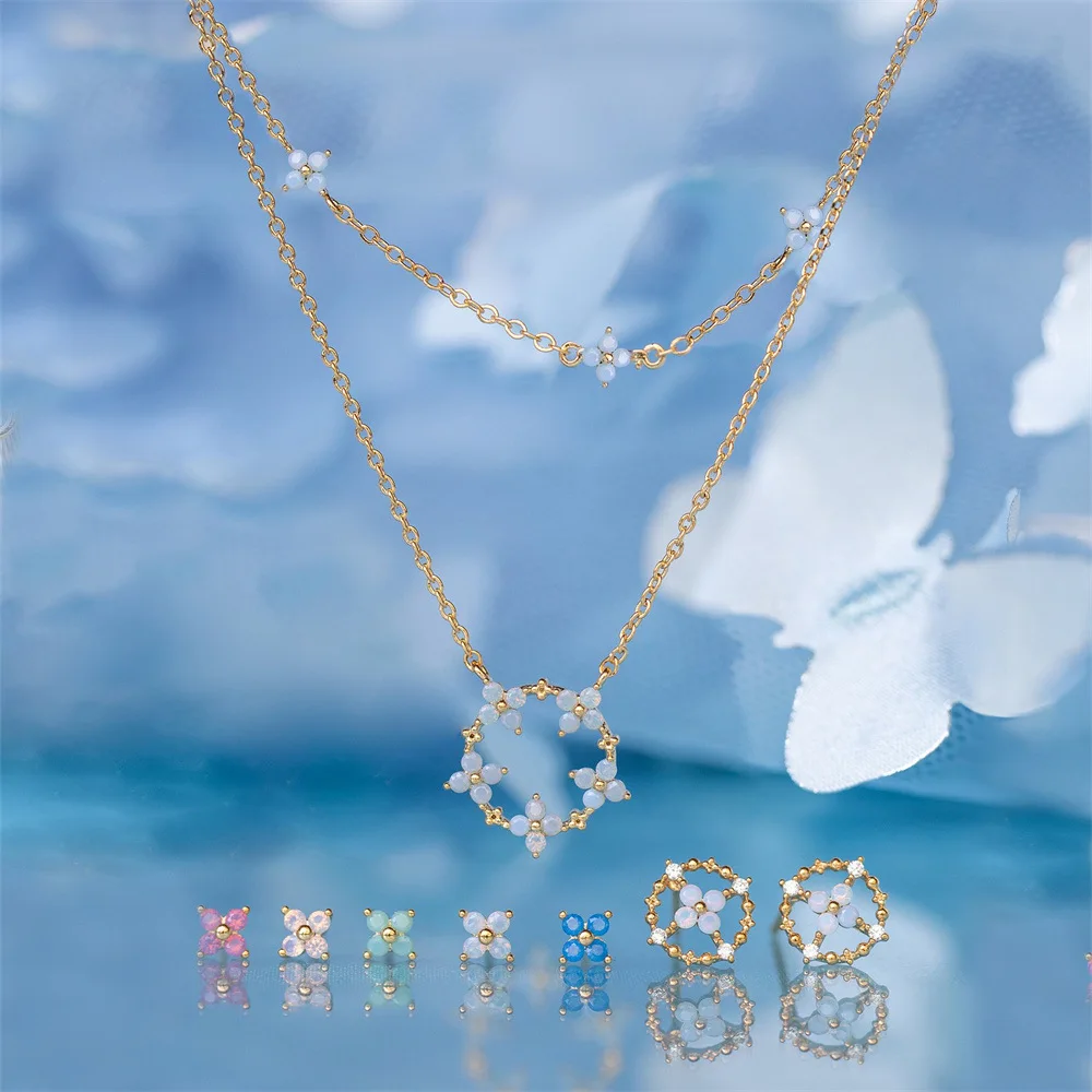 Hongtong B1-2 14K Gold Plated Blue Clover Flower Cute Choker Women Fashion Hot Sale Necklace