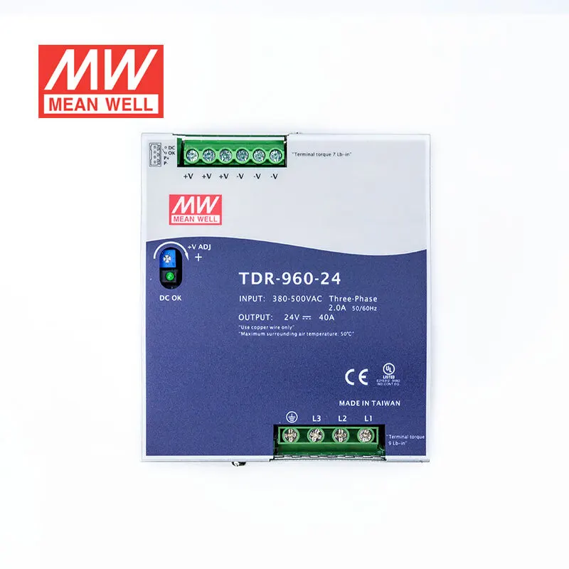 Mean Well TDR-960-24 960W 24V AC DC 40A DIN Rail Switching Power Supply Slim 3-Phase High Input SMPS Industrial Use Single 12V