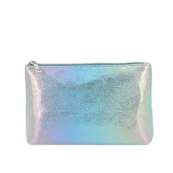 OEM Custom Luxury Shiny Cosmetic Gift Bag PU Toiletry Makeup Bag Vegan Leather Holographic Zipper Bag with LOGO