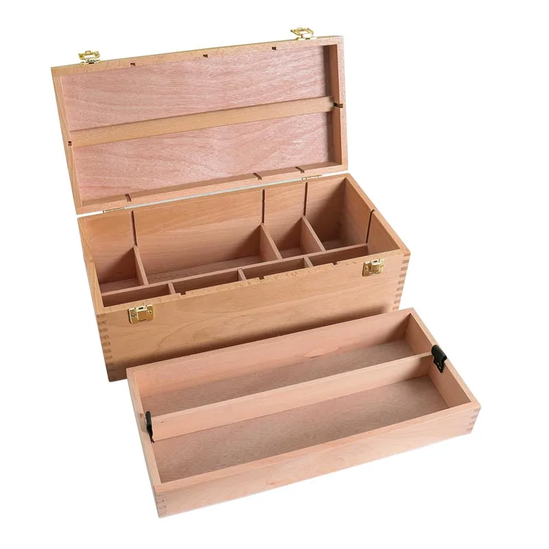 U.S. Art Supply Multi-Function Unfinished Beechwood Artist Tool Storage Box with Removable Tray  Locking Clasps Paints