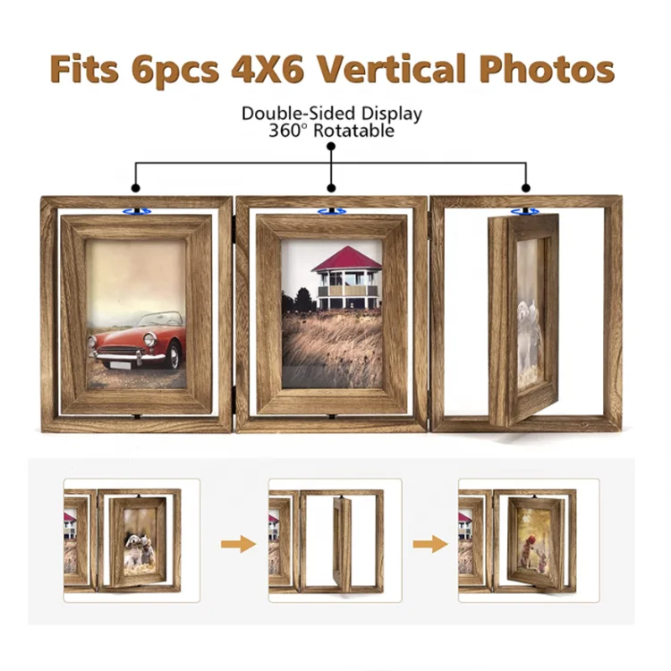 Rustic 4x6 double-sided display rotatable hinged folding triple picture wood creative frame photo for home tabletop