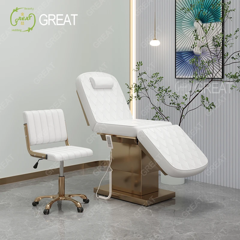 Luxury Salon Furniture White Gold Stainless Steel Base Lash Bed Massage Table Electric Beauty Massage Bed With 3 Motors