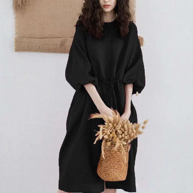 Hot Sale Korean Japan Fashion Cotton Linen Summer Women Dress Casual Puff Sleeve Vestido 2022 Cotton Dress Wholesale