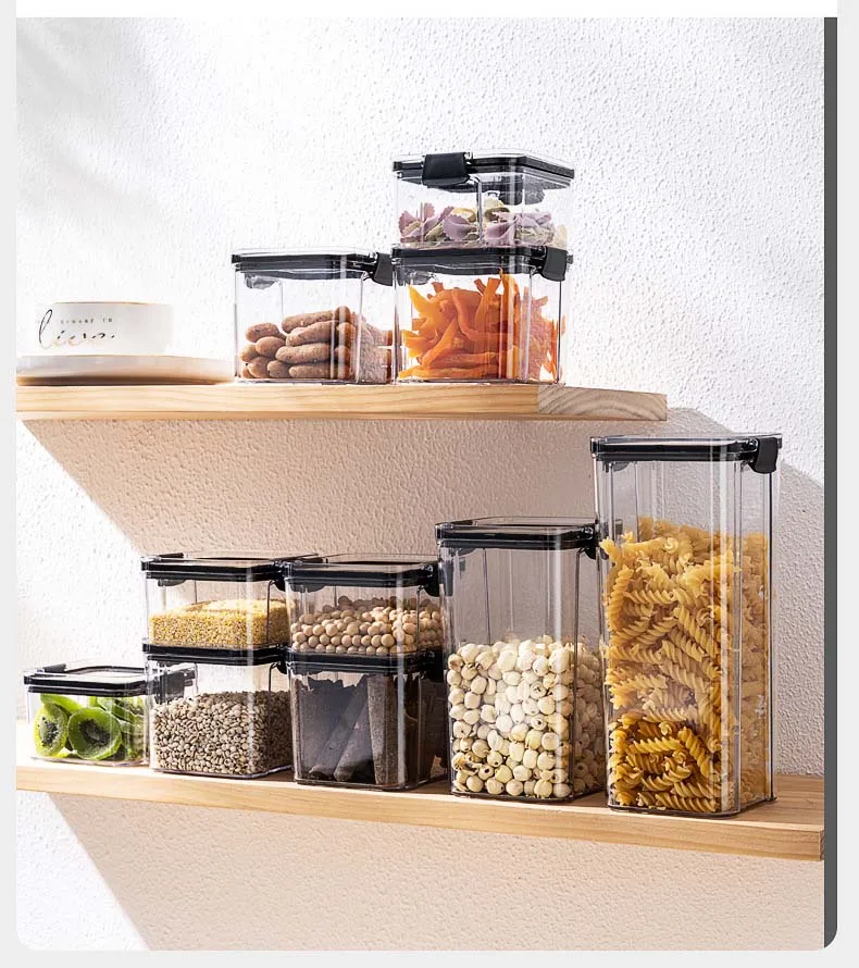 4 Sizes Clear Plastic Cereal Food Storage Containers With Easy-Locking Seal Lids For Kitchen Pantry Dry Food Grains