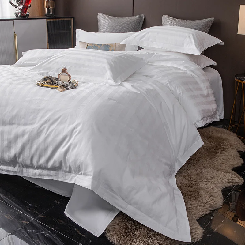 Wholesale Full Size Cotton Bed Linen Set with Material Printed Logo for Hotel Amenities hotel quality white sheets