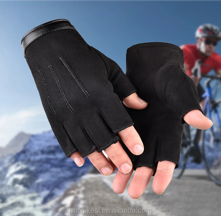 Suede half-finger thermal gloves for men winter writing students thickened with fleece driving gloves