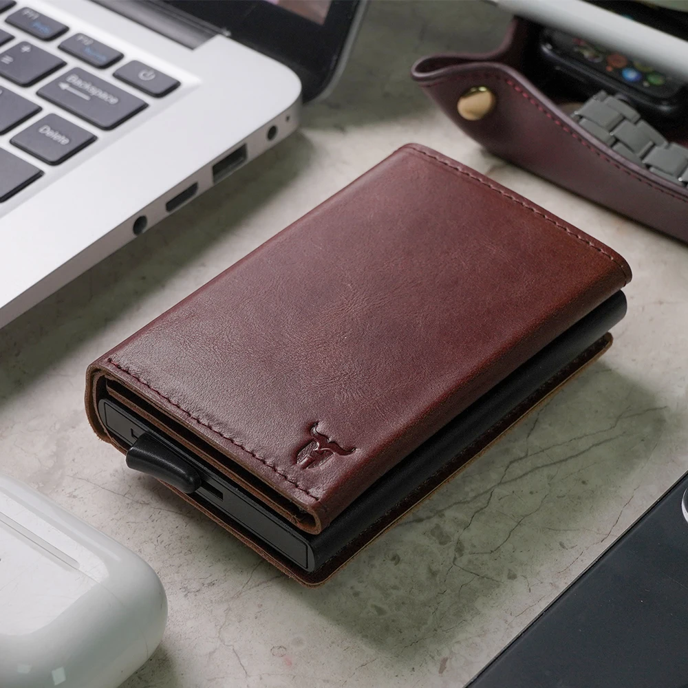 Slim Leather Mens Wallet with Cash Slot Front Pocket, RFID Blocking Metal Aluminum Case Men Wallet