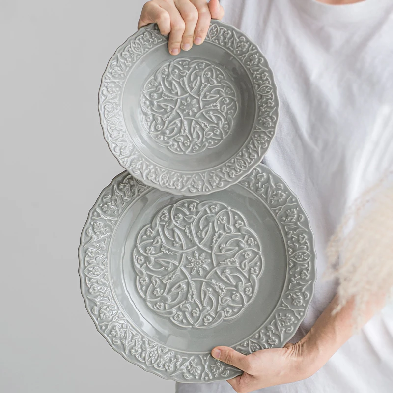 Hot-selling French Dinner Plate Wholesale Embossed Dinnerware Set Retro Ceramic Bowl & Plate