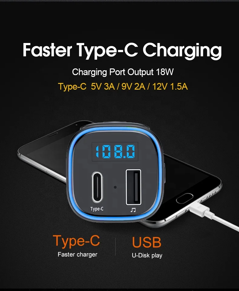 FM Transmitter Upgraded Bluetooth FM Transmitter Wireless Radio Adapter Car Kit with Type-C fast charging Car Charger MP3 Player