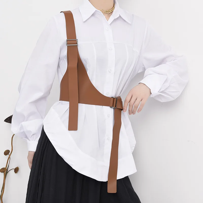 Women Adjustable Waist Seal T-shirt Decorative Cross Strap PU Belt