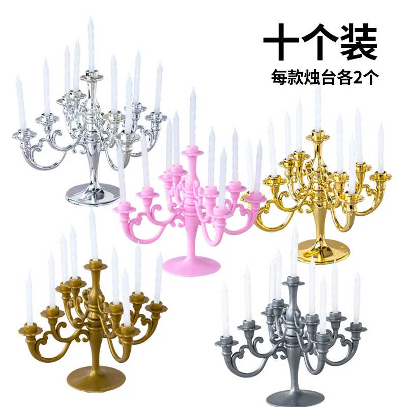 Set of 10 Plastic Candelabra Birthday Candles Creative Golden Gorgeous Cake Candle Holders Wedding Cupcake Decor Centerpieces