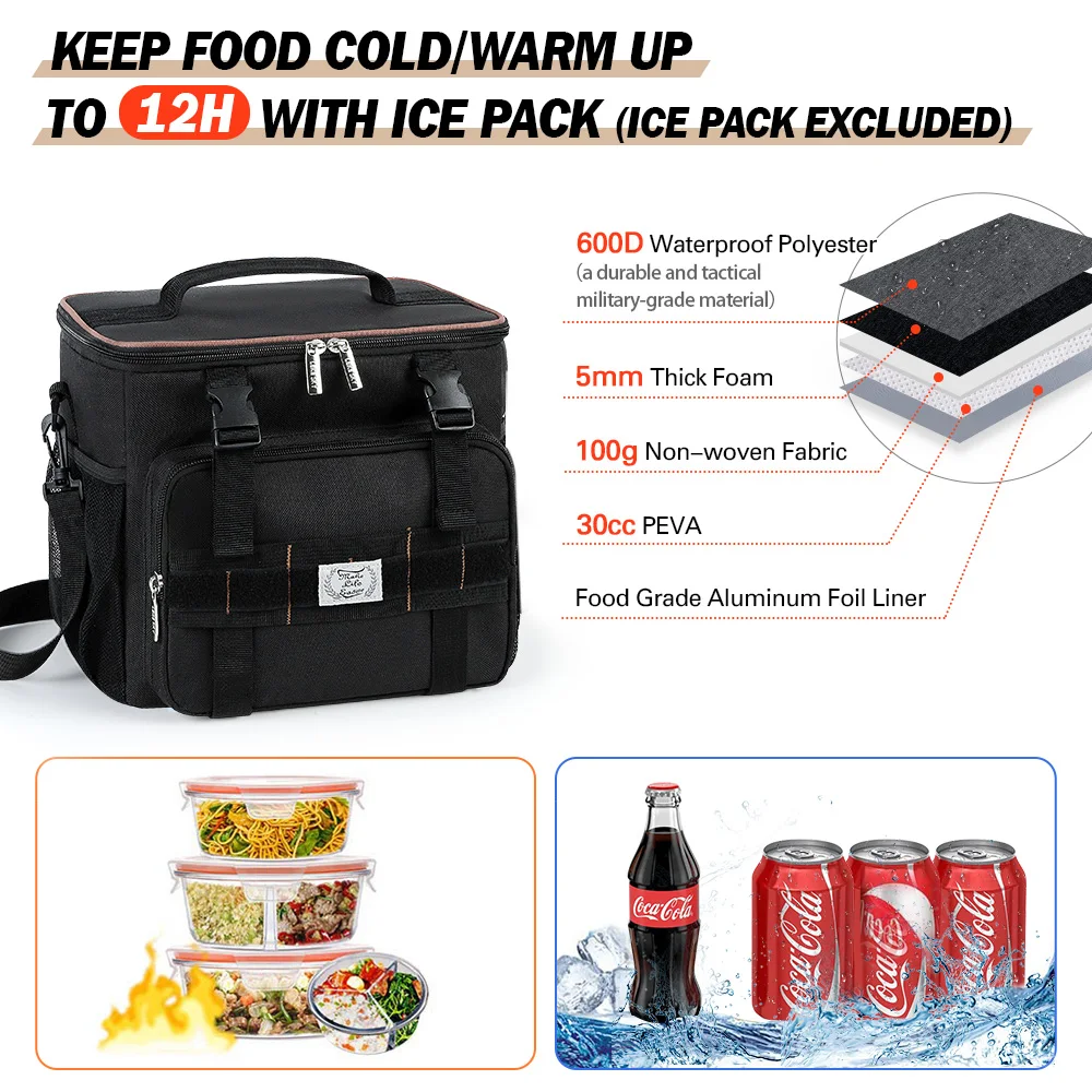 Best selling thermal lunch black bag heat lunch box with insulation bags large insulated tactical lunch bag for for men
