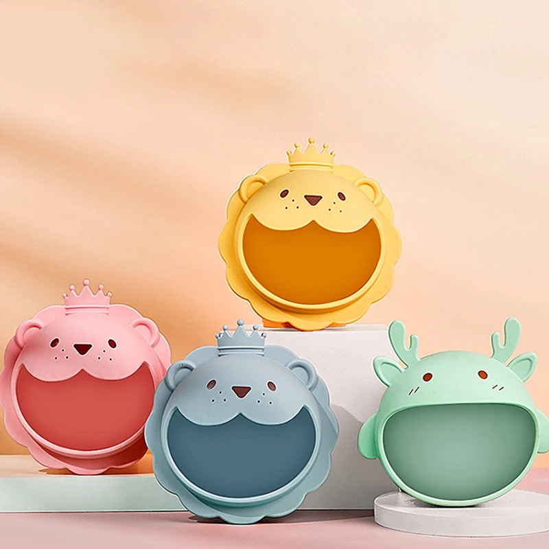 Baby plates silicone with spoon and fork BPA FREE wooden spoon food grade silicone non-slip bowl silicone suction plate with lid