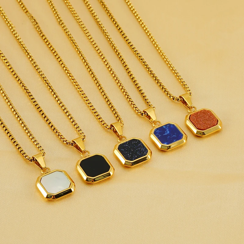 Hiphop 18k Gold Plated Stainless Steel Black Square Pendant Necklace Fashion Women Men Turquoise Stone Necklace Gifts