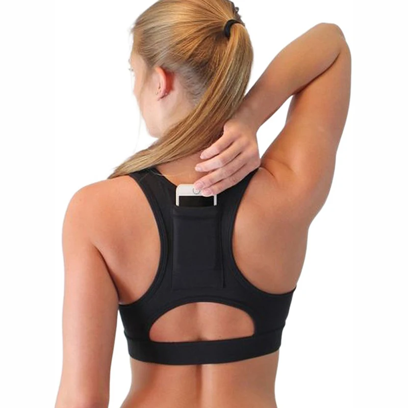 Новое поступление, Модный женский спортивный черный бюстгальтер для фитнеса с вырезами на спине и карманами, топ для йоги