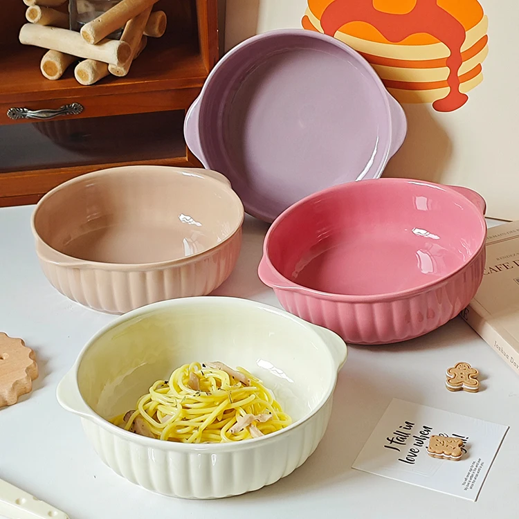 Korean custom color glaze decorative table ware porcelain pasta bowls fruit salad food mixing ceramic bowl with handle