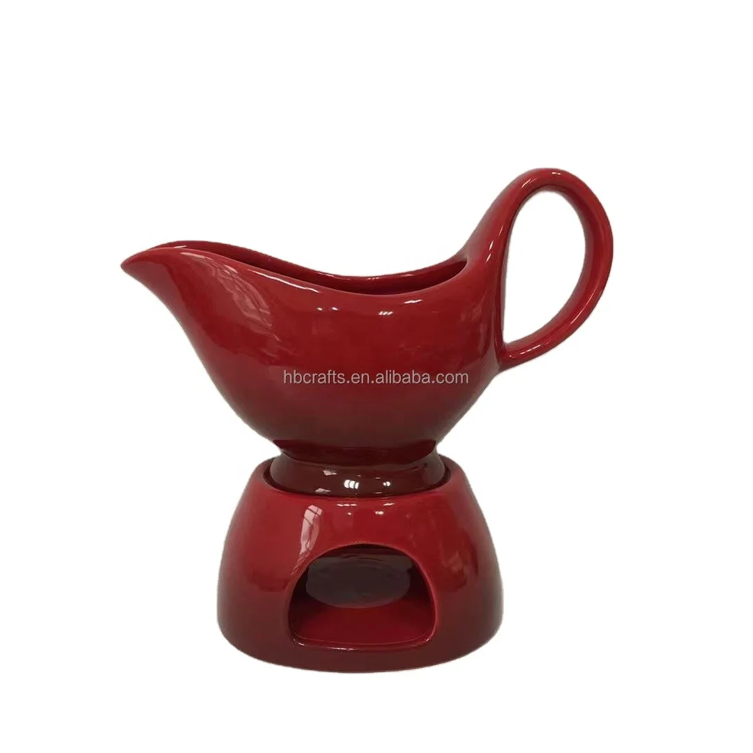 Wholesale Custom Logo Hotel Restaurant 16 oz Capacity Ceramic Ombre Red Gravy Sauce Boat With Stand And Tea Light Candle