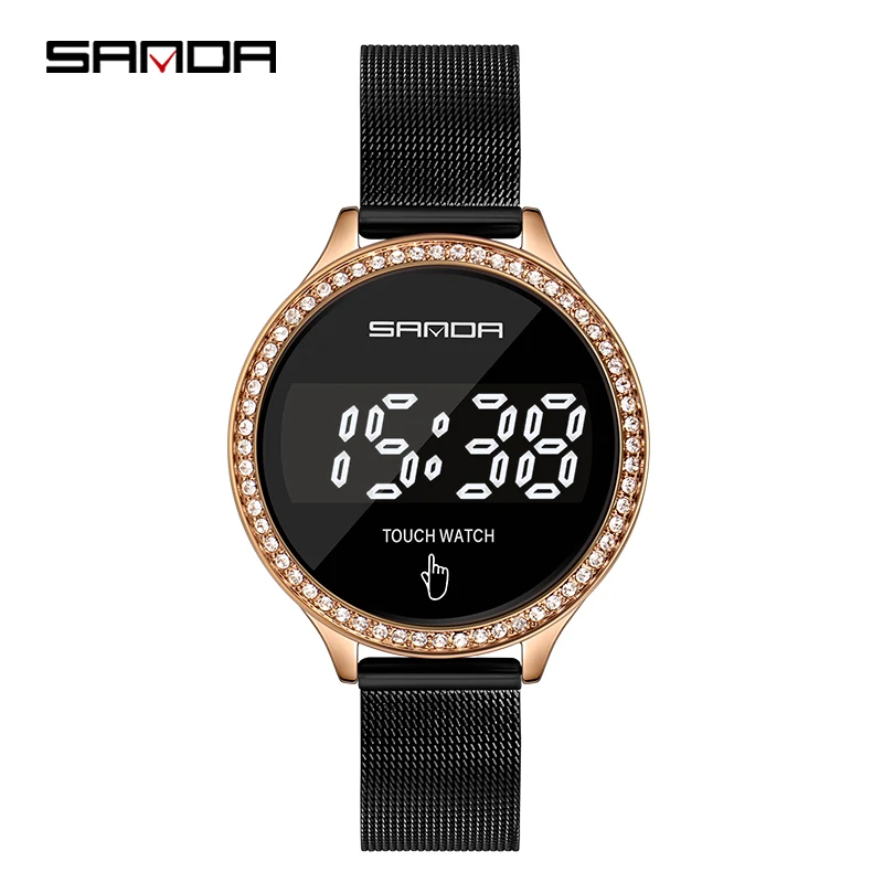 
SANDA 8006 Luxury Women Crystal Bracelet Wrist Watches Steel Strap Led Touch Screen Clock Waterproof Electronic Digital Watch 