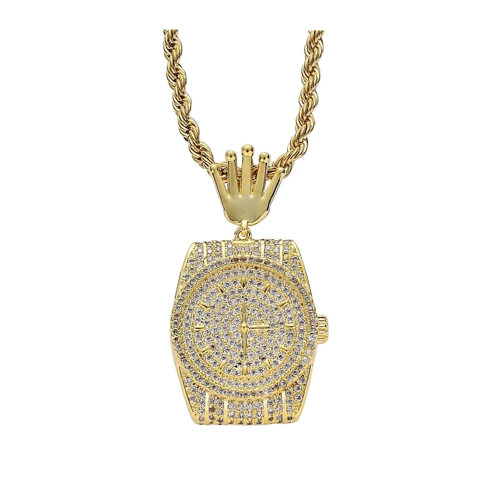 BES Personalized Watch Dial Pendant Necklace Iced Out CZ Stone 14k Pendant Gold Crown Clasp Gold Plated Hip Hip Jewelry