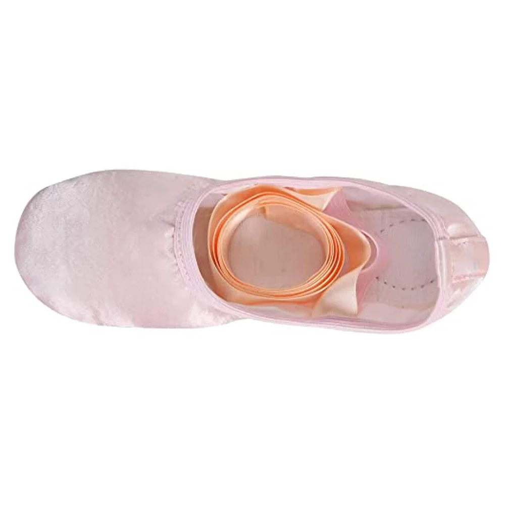 EU & US Pink Soft Stain Ballet Dance Ballerina Shoes Flat Split Sole with Ribbon for Girls and Boys (Toddler/Little Kid/Big Kid)