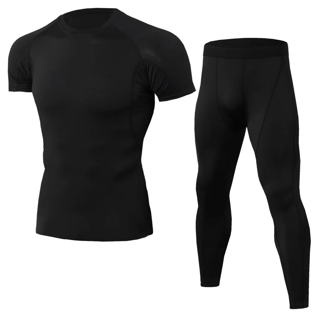 Hot Selling Custom Polyester Spandex Short Sleeve Two Piece Workout Gym Clothing Fitness Wear Set For Men Tights