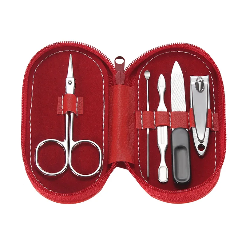 Customized Portable Stainless Steel Soft Red Leather Bag Rounded 5 in 1 PCS Pedicure Kits Personal Care Grooming Manicure Set