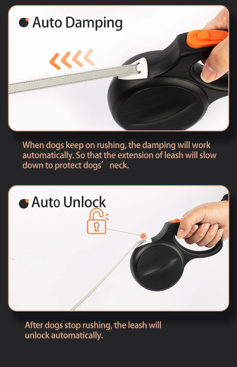 2023 New Patented AUTO BRAKE 5 Meter 30kg Reflective Belt Cerramic Entrance Dog Retractable Leash For Large Breed Dogs