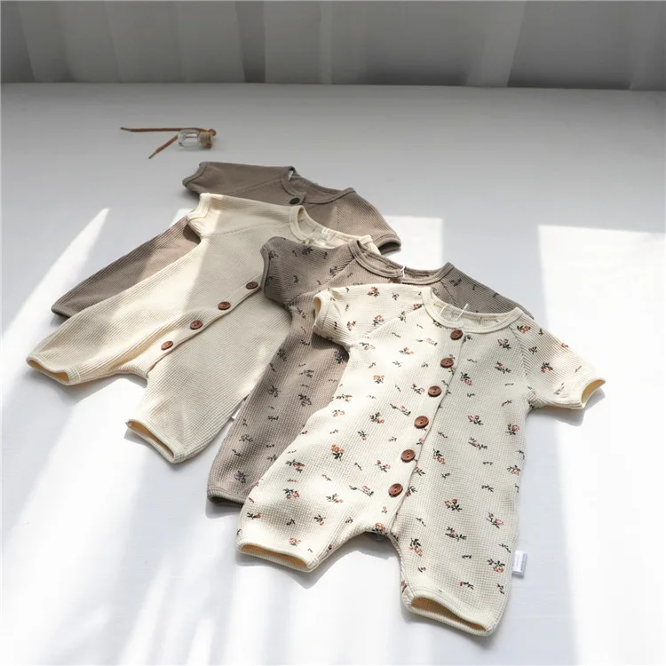 High Quality Summer Newborn Baby Romper Short Sleeved Knitted Cotton Waffle Baby One-piece Jumpsuit Children Clothes