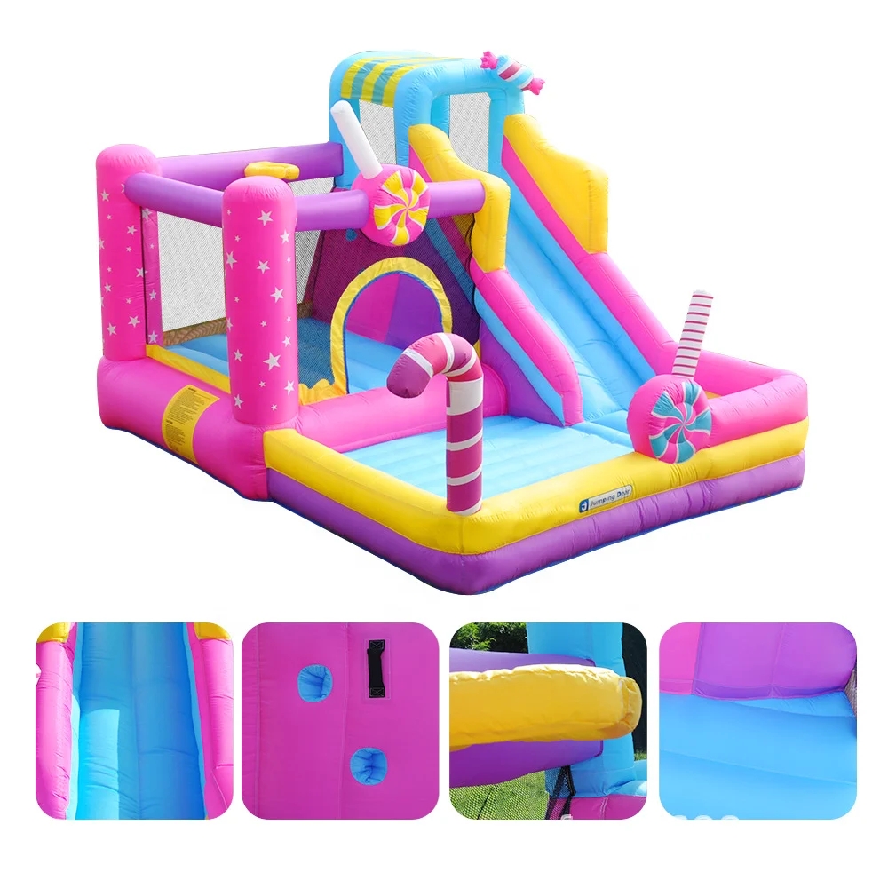 Inflatable bouncy house, climbing wall, jumps, water guns, splash pool for children in indoor & outdoor backyard.