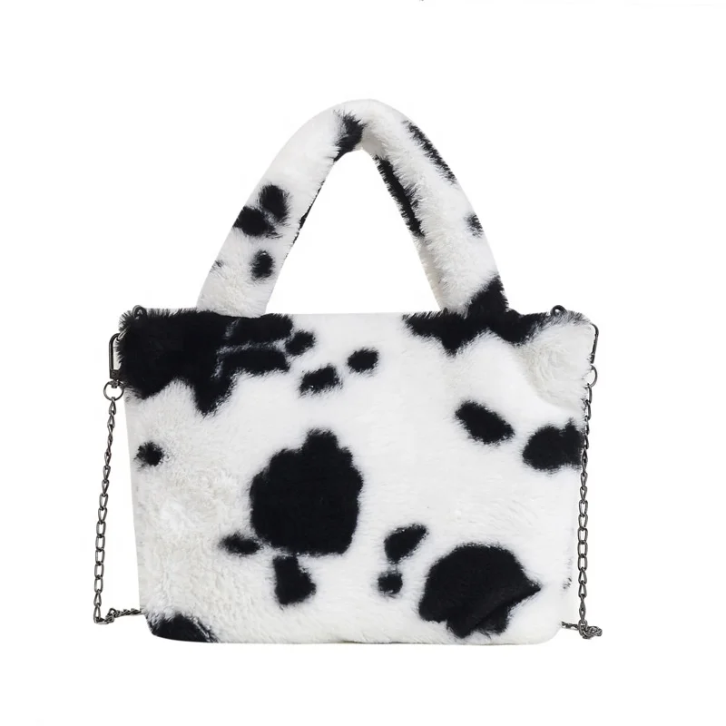 Cow printing small fuzzy tote bags for girls like soft cloud furry purses and handbags with chains fur women hand bags