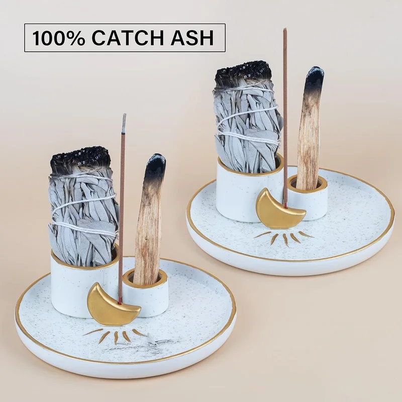 Multifunction Incense and Candle Holder for Burning Sage Palo Santo Incense Sticks Ceramic Ash Catcher Tray for Meditation Room