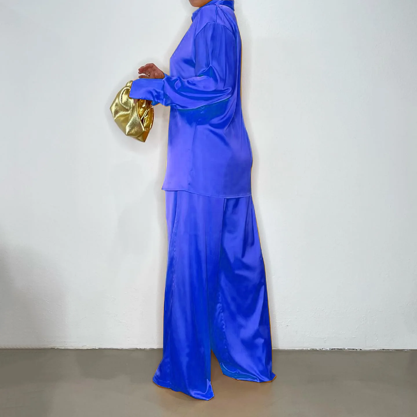 Spring Fall Women S-5XL Plus Size Long Sleeve Shirt And Pants Satin 2 Piece Set Lounge Wear Set Causal Loose Clothes