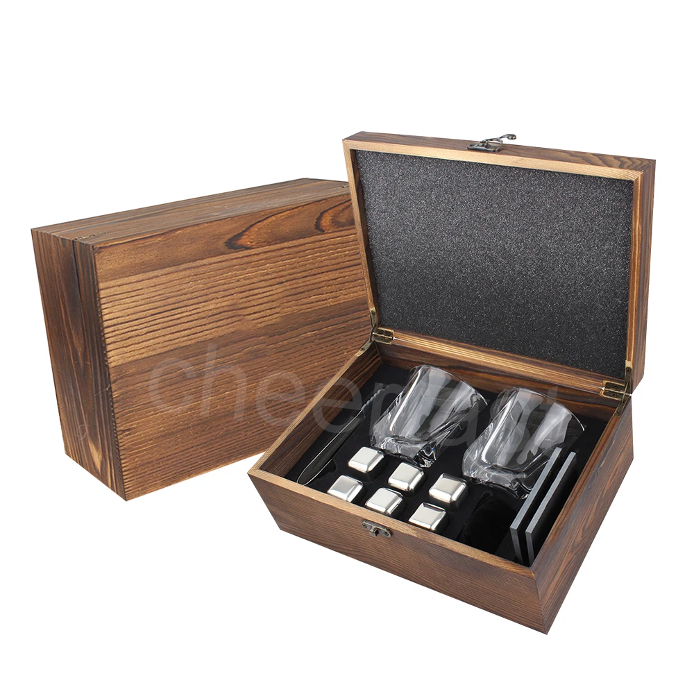 Custom 6pcs Cooling Stones Whiskey 304 Stainless Steel Reusable Chilling Ice Cube Stone Crystal Glasses Whiskey Glass Gift Set