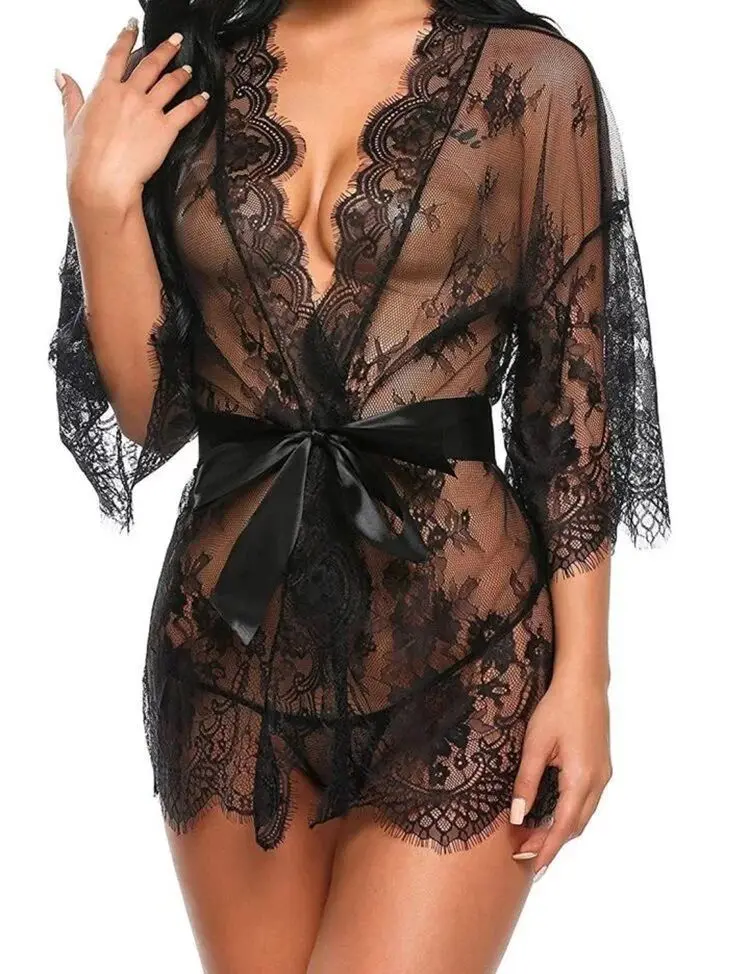 Women Sexy Lace Kimono Naughty Underwear Sleepwear Transparent Mesh Lace Dress Robe with Belt and G-String