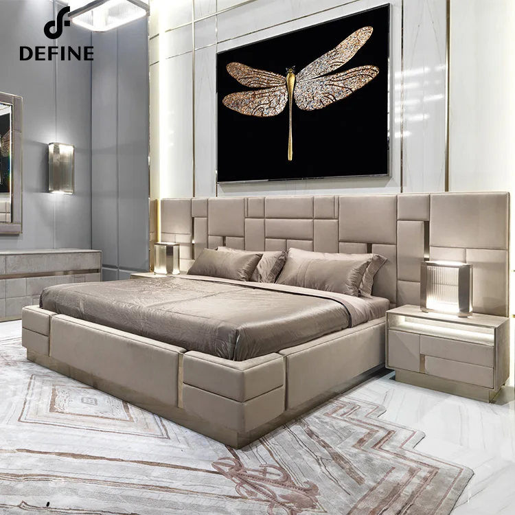 Italian design bedroom furniture big headboard leather luxury king size bed
