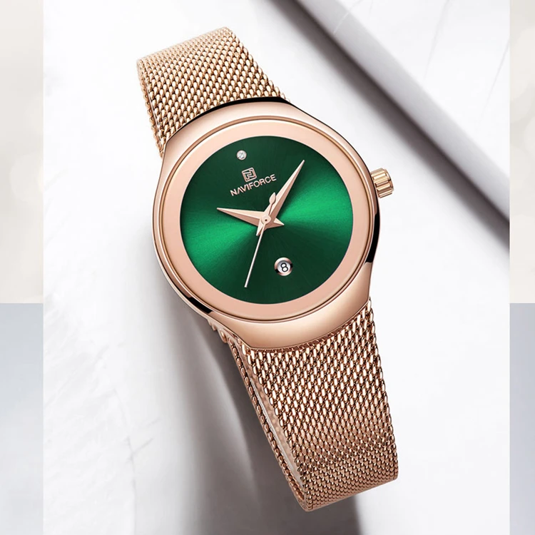 NAVIFORCE 5004 New Arrival Ladies Watch Fashion Quartz Womens Rose Gold Milanese Wristwatch Minimal Green Dial Watch
