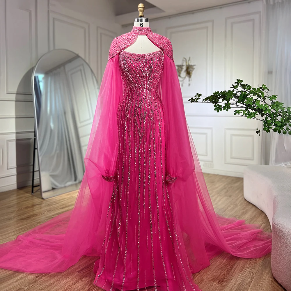 Serene Hill Dubai Caramel Mermaid Long Cloak Beaded Pearls Luxury Evening Dresses Gowns For Women Wedding Party 2024 LA72223