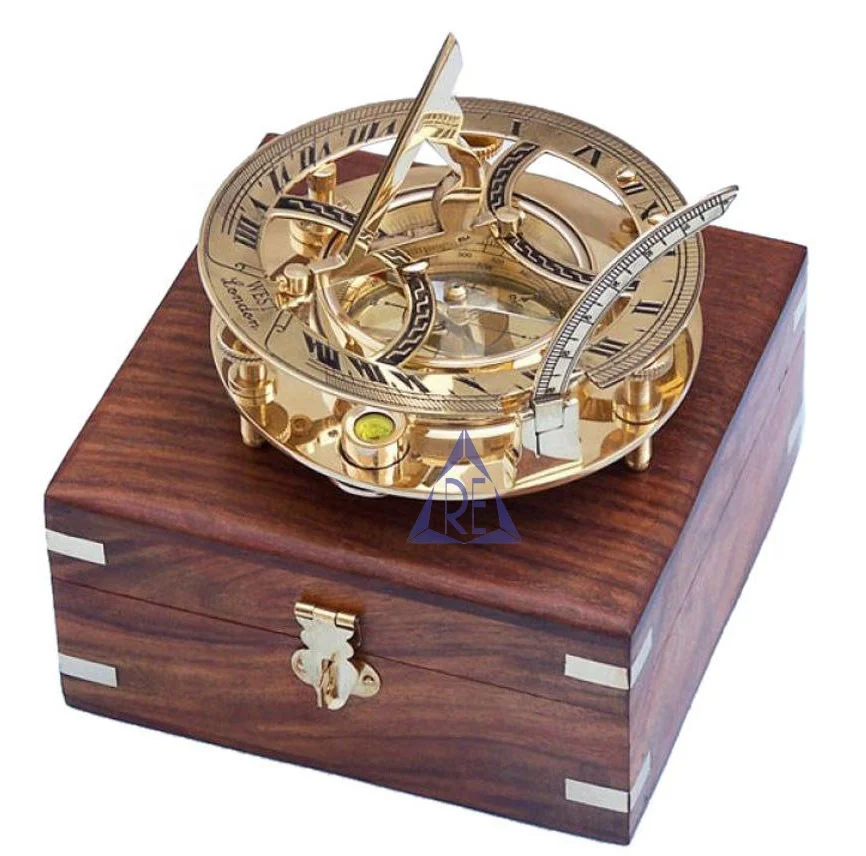 Personalised Solid Brass Navigational Compass Vintage Nautical Collectible with Sundial Wooden Box Custom Logo Gift