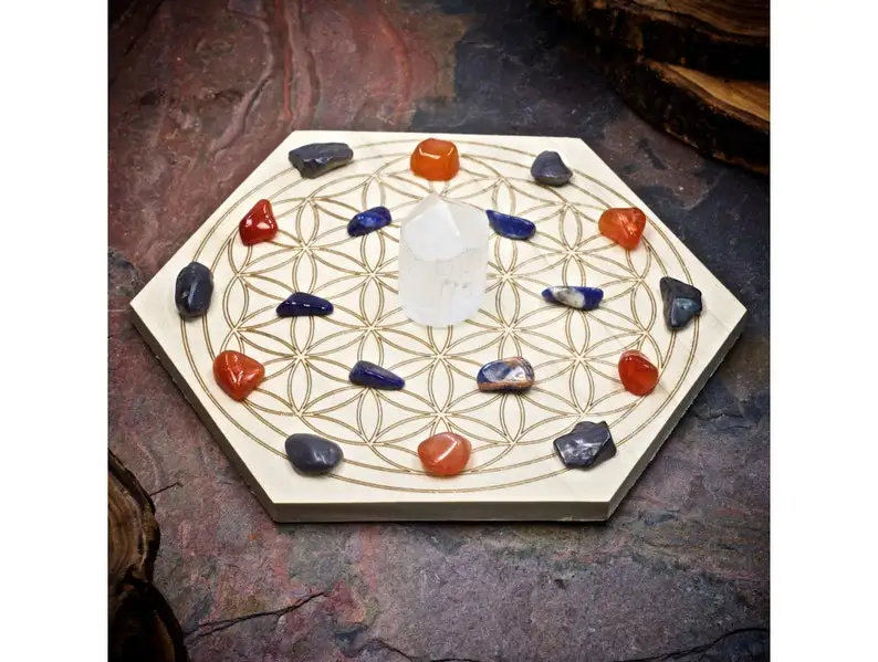 6 Inch Sacred Geometry Laser Cut Wooden Home Crystal Grid Set Mini Crystal Gemstone Engraved Board