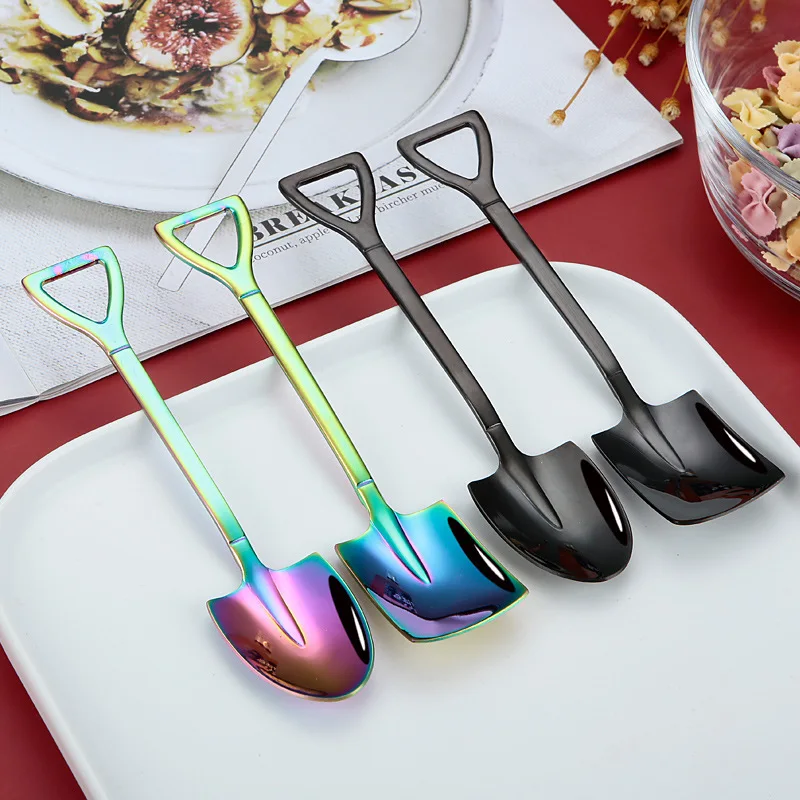 Summer Hot sell Gold Stainless Steel Small Shovel Shaped Scoop Design Mini Rainbow Cake Tea Coffee Ice Dessert Spoon