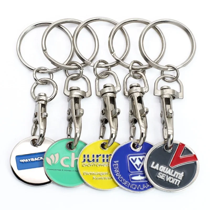 Custom Logo Round Supermarket Metal Shopping Cart Pound Key Chain Keychain Trolley Coin